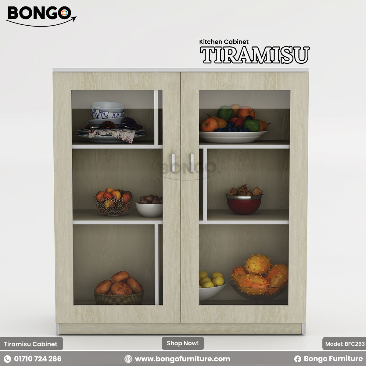 A kitchen cabinet with glass-paneled doors featuring items organized inside, with a wooden body and a white kitchen countertop.