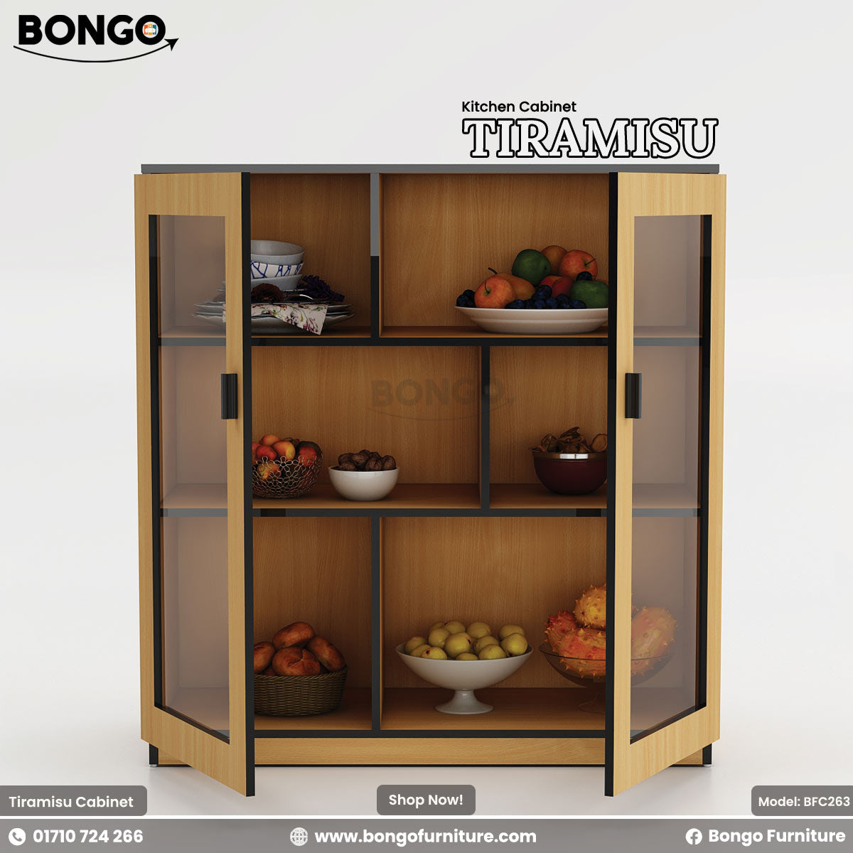 Water Resistant Strong Laminated Board kitchen cabinet with glass doors containing various fruits and bowls.