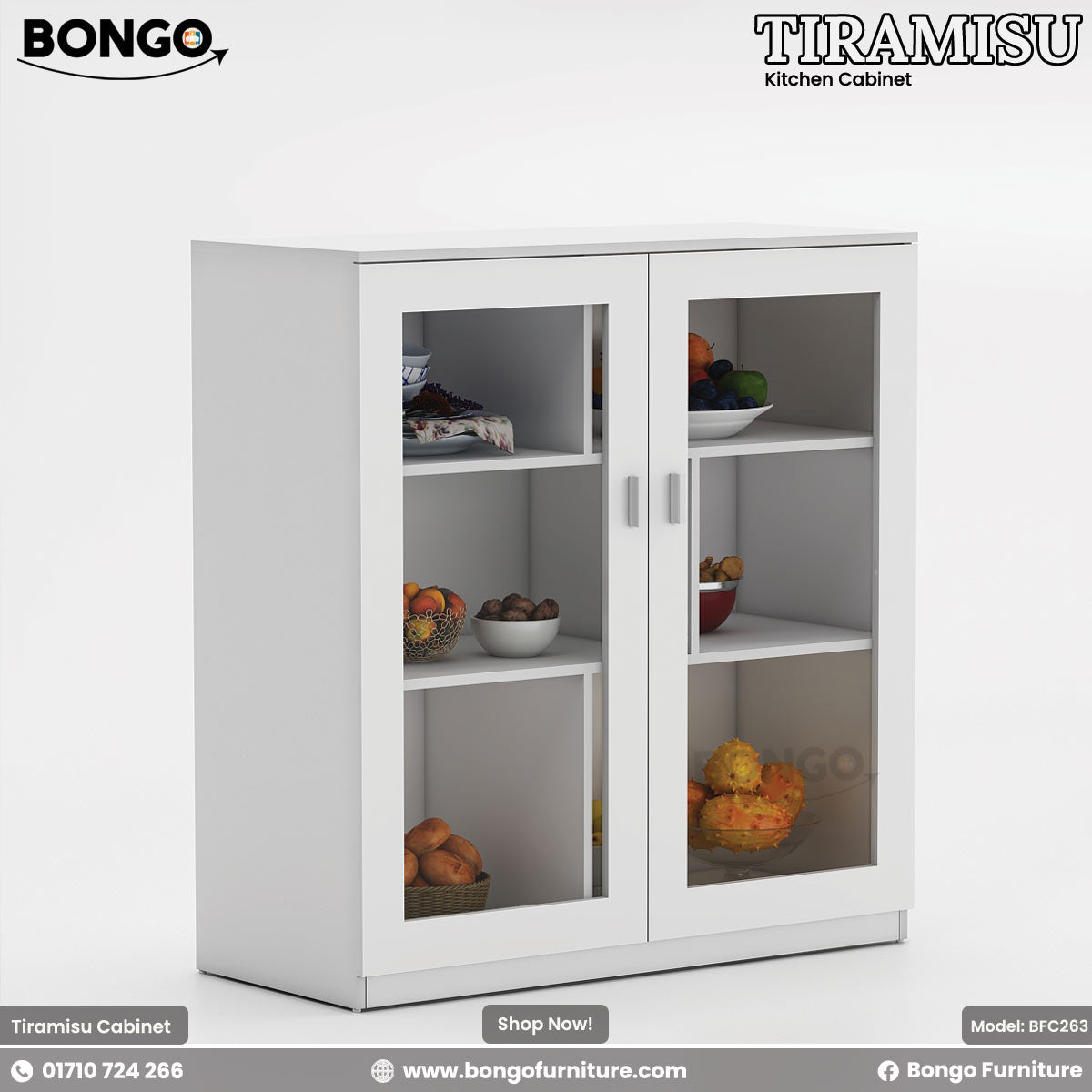 A kitchen cabinet with glass-paneled doors featuring items organized inside, with a wooden body and a white kitchen countertop.