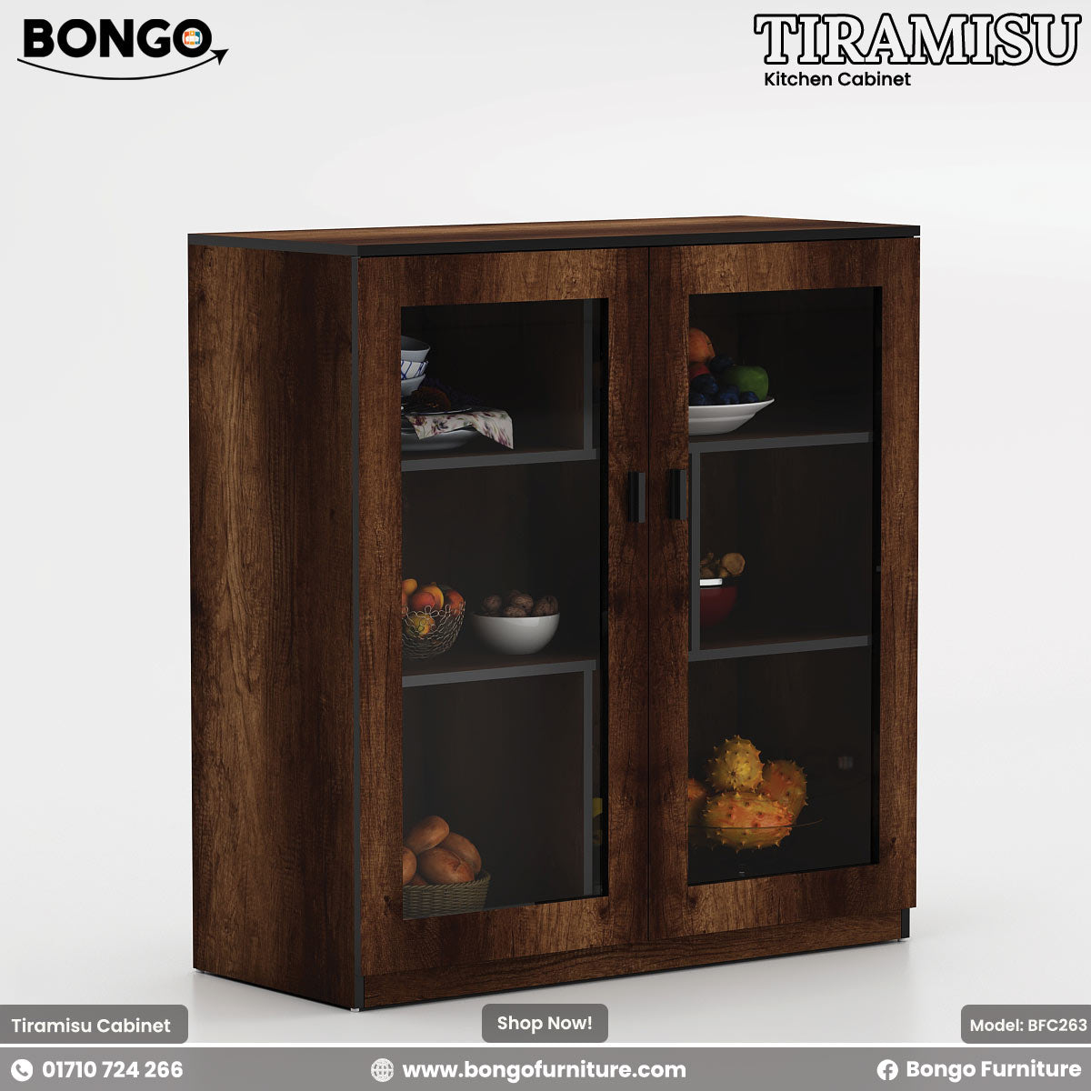 A kitchen cabinet with glass-paneled doors featuring items organized inside, with a Water Resistant Strong Laminated Board body and a white kitchen countertop.