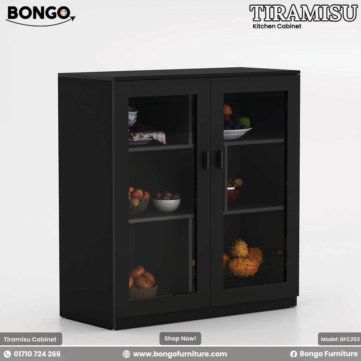 A kitchen cabinet with glass-paneled doors featuring items organized inside, with a Water Resistant Strong Laminated Board body and a white kitchen countertop.