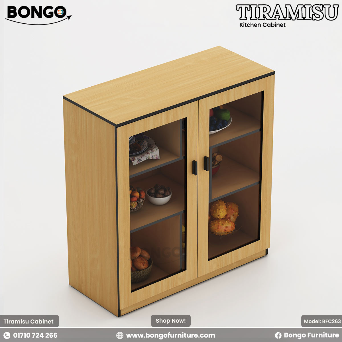 A kitchen cabinet with glass-paneled doors featuring items organized inside, with a Water Resistant Strong Laminated Board body and a white kitchen countertop.