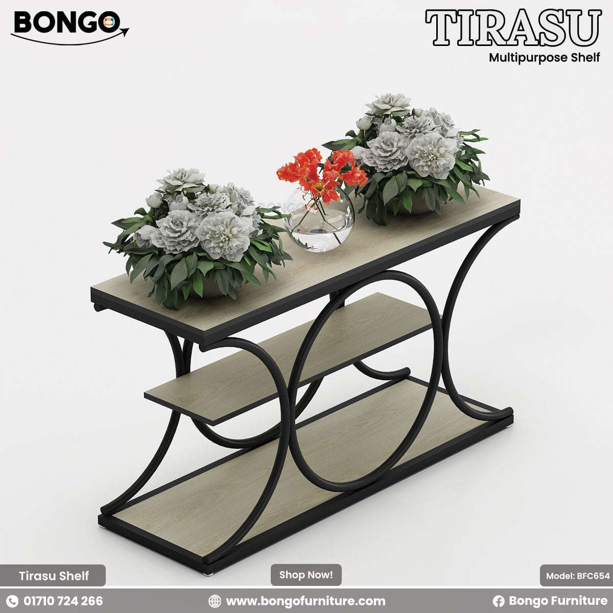 Tirasu multipurpose shelf with decorative items on a white background, featuring Bongo Furniture branding.
