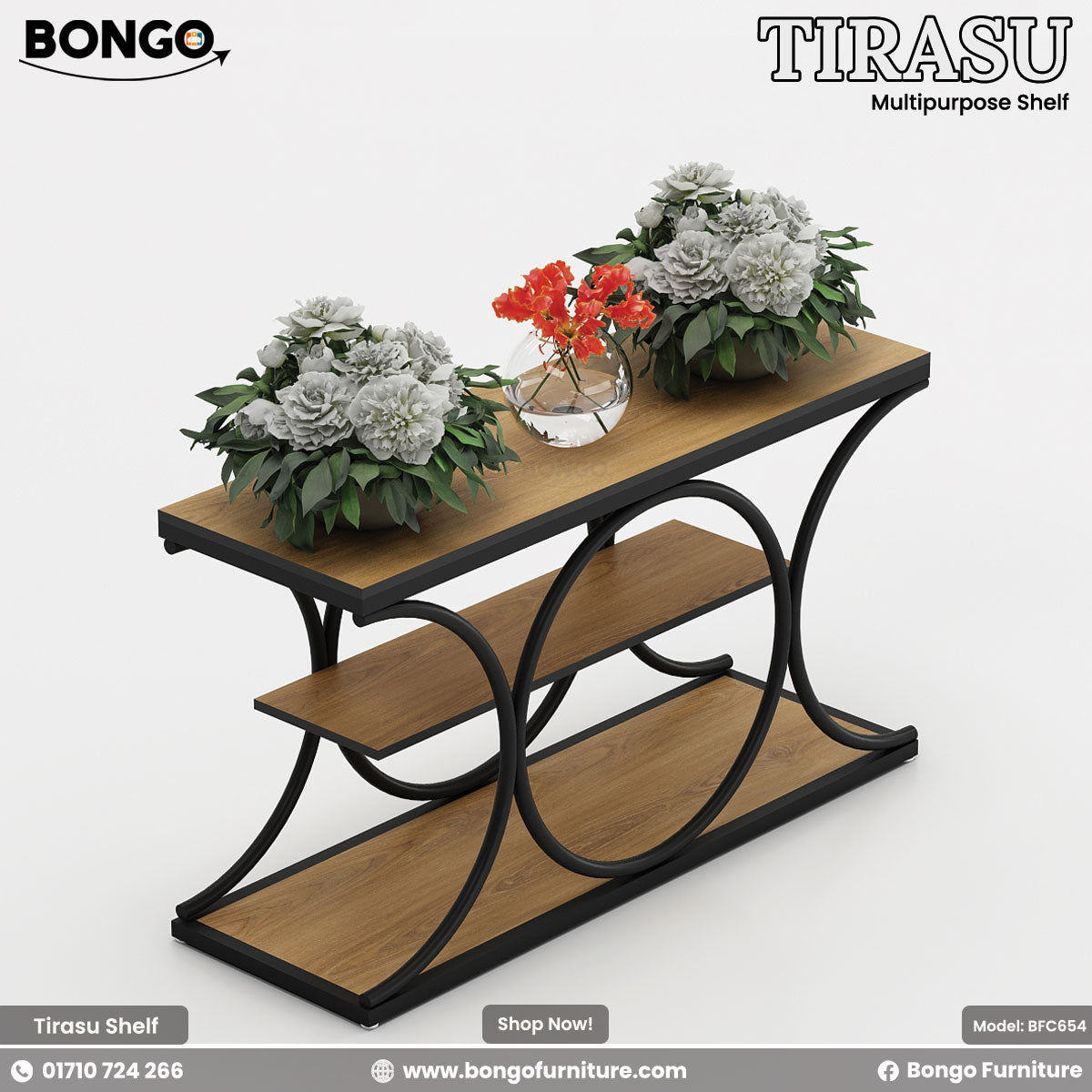 Tirasu multipurpose shelf with Red Oak surface and black metal frame, featuring decorative plants on a white background.