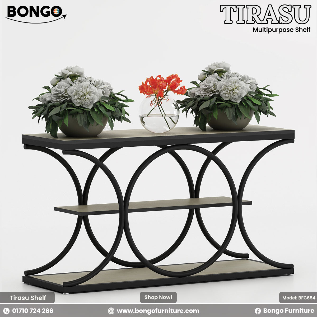 Tirasu multipurpose shelf with decorative items on a white background, featuring Bongo Furniture branding.