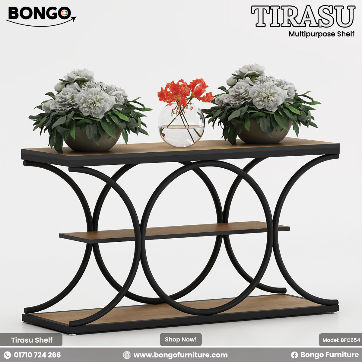 Tirasu multipurpose shelf with decorative items on a white background, featuring Bongo Furniture branding.