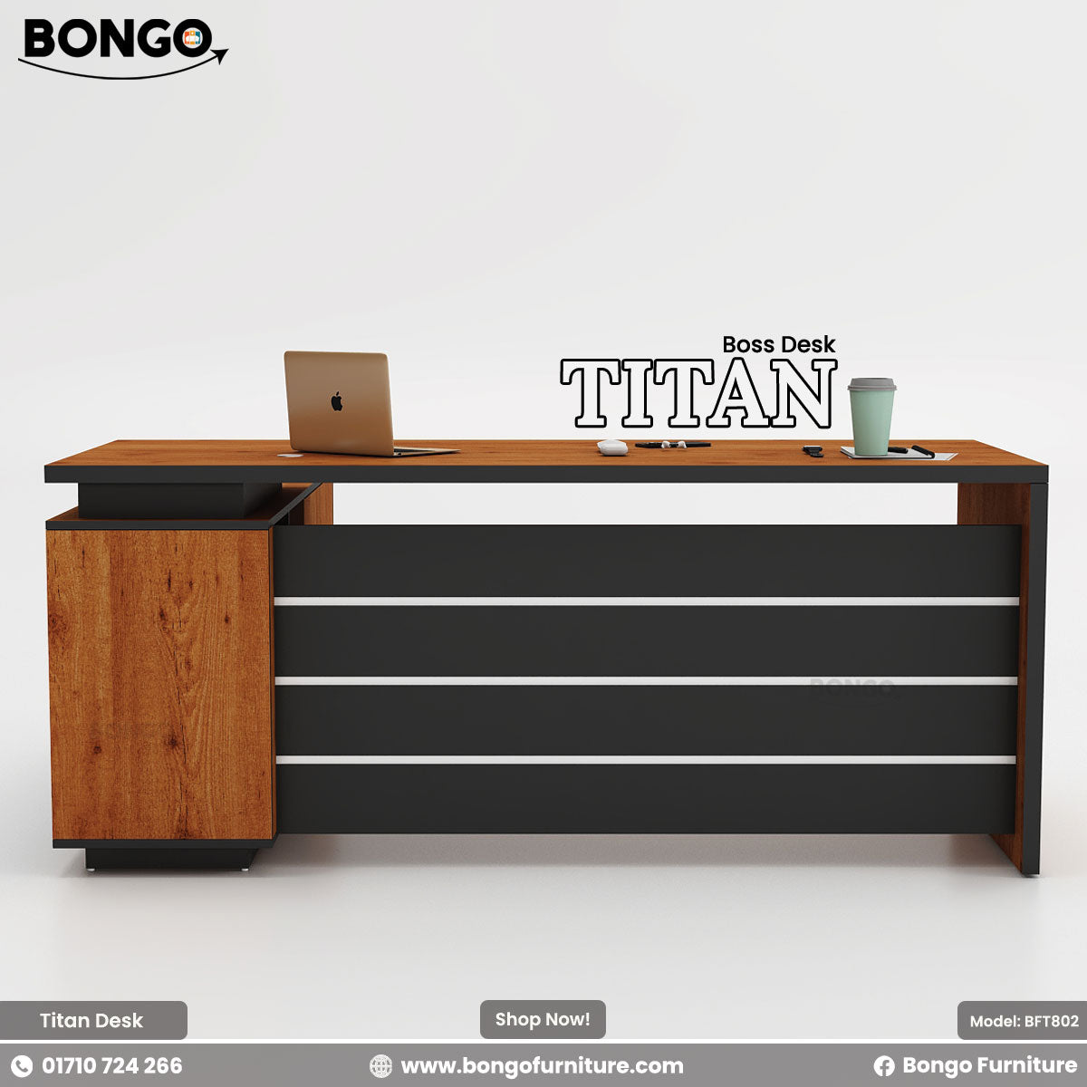 Bongo Titan Boss Desk with Water Resistant Strong Laminated Board finish and black panel on a white background