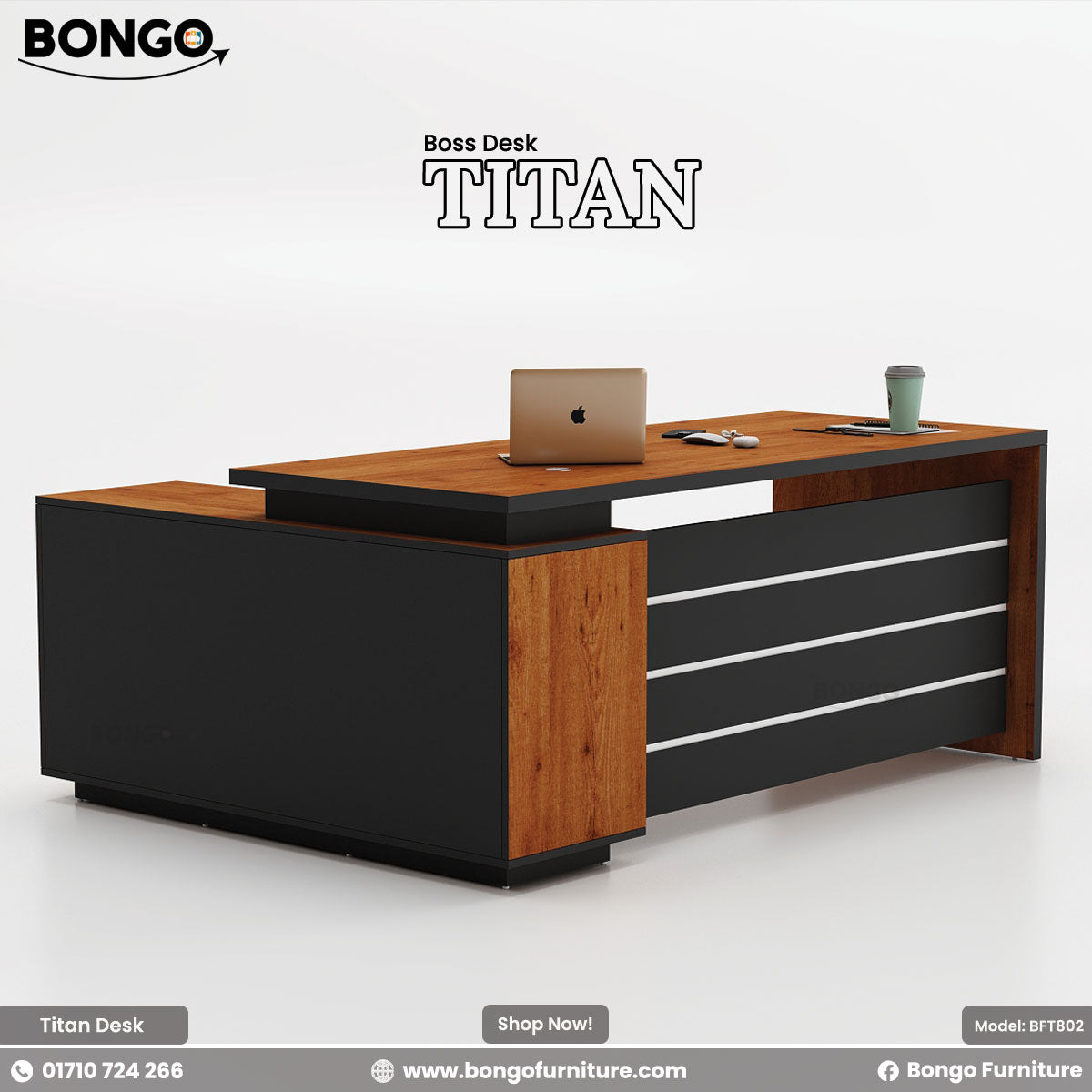 Bongo Titan desk with a laptop and mug on a white background