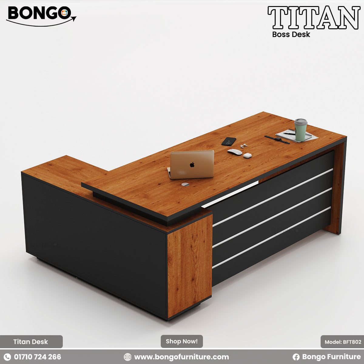 Water Resistant Strong Laminated Board office desk with black base on a white background, featuring Bongo Furniture branding.