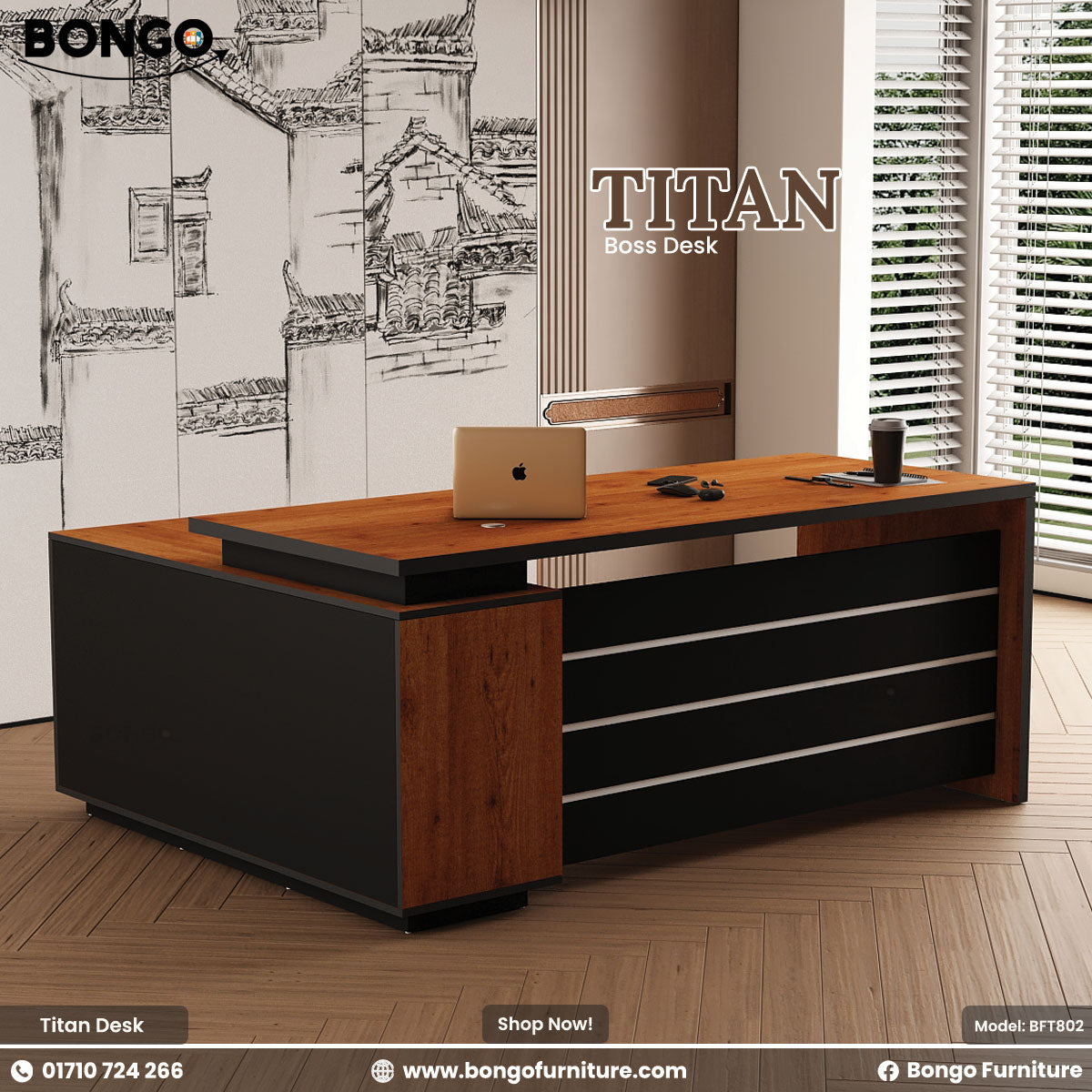Bongo Titan boss desk with Water Resistant Strong Laminated Board surface and black sides in an office setting.