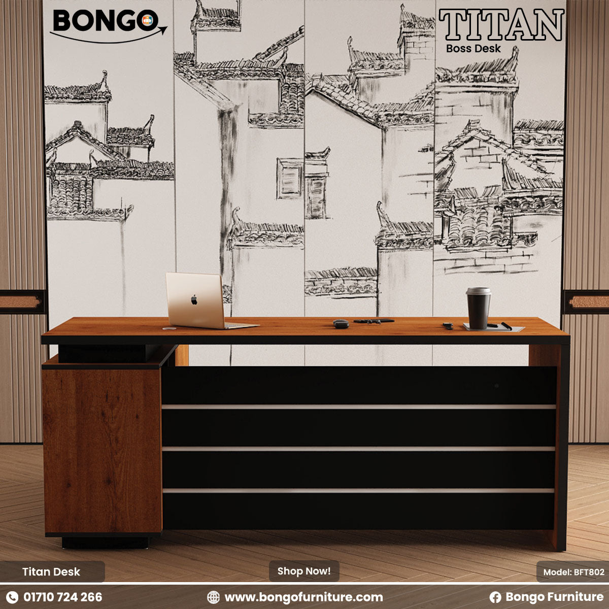 Water Resistant Strong Laminated Board desk with black and white wall art in a room setting, featuring Bongo Furniture branding.
