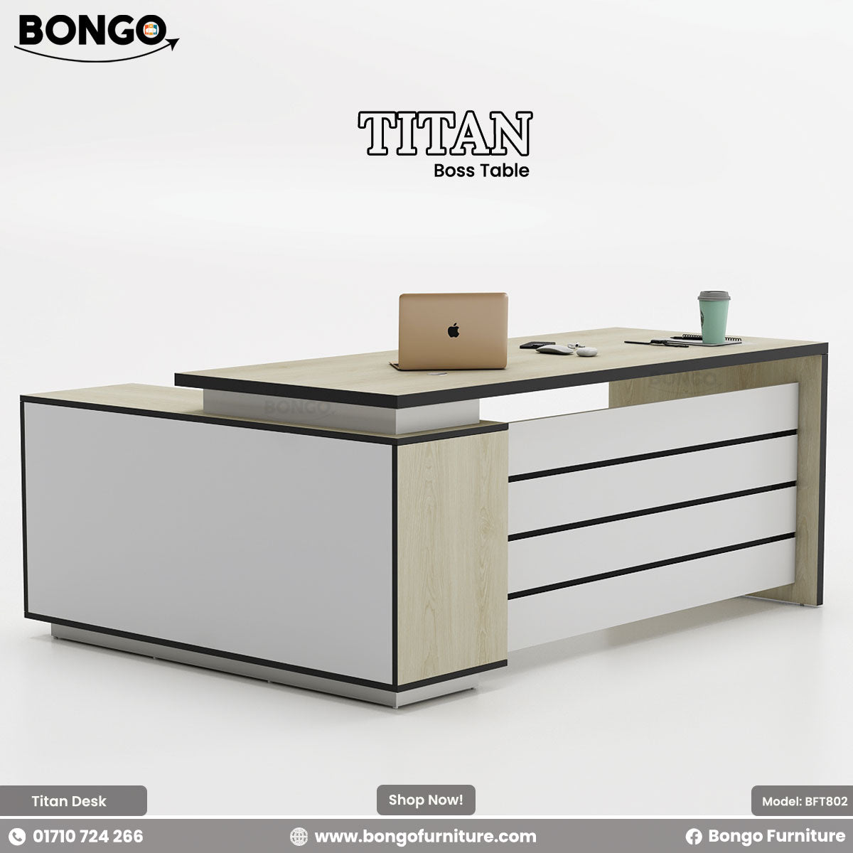 Bongo Titan Boss Table with a laptop and coffee cup on a white background
