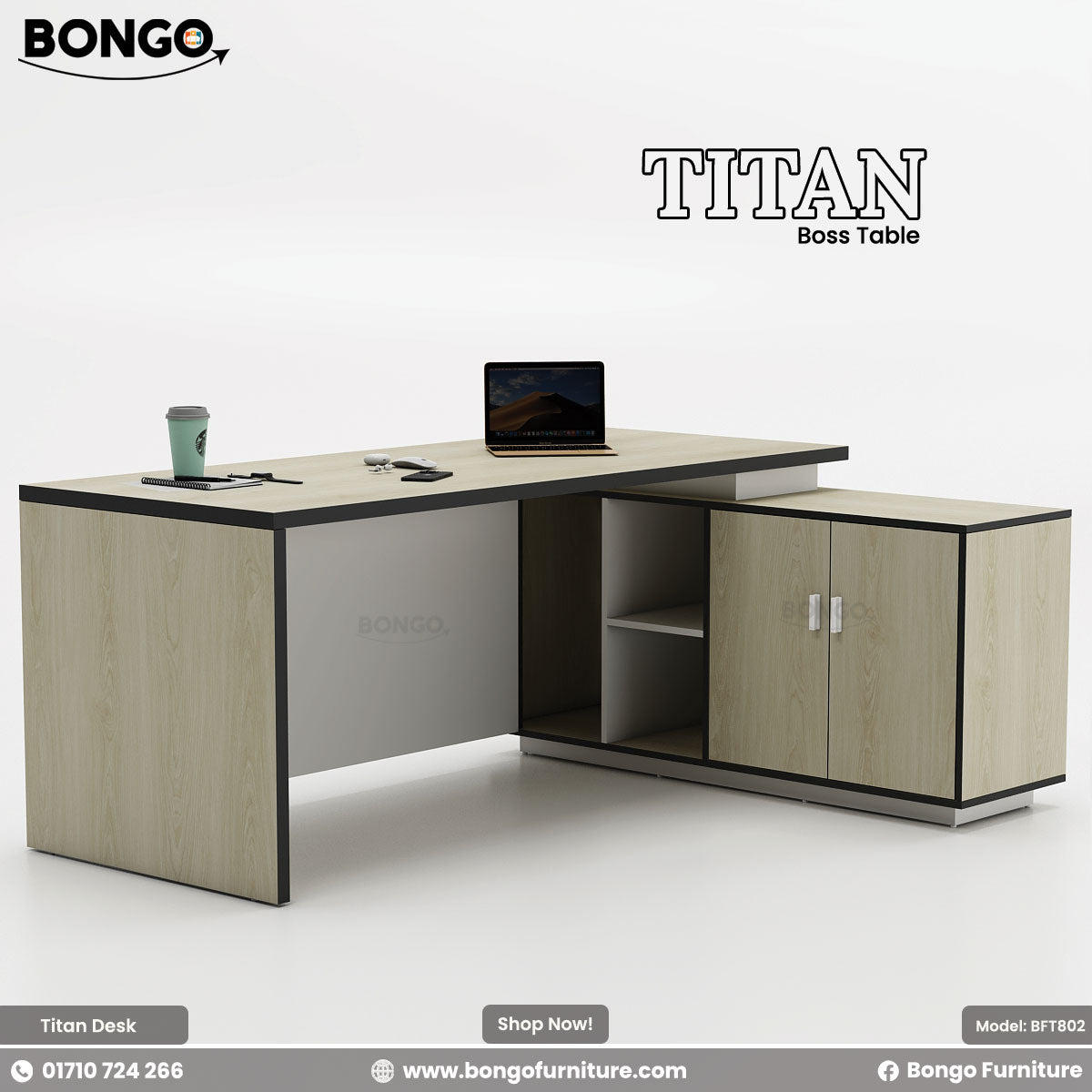 Bongo Titan Boss Table with a laptop and cup on a white background