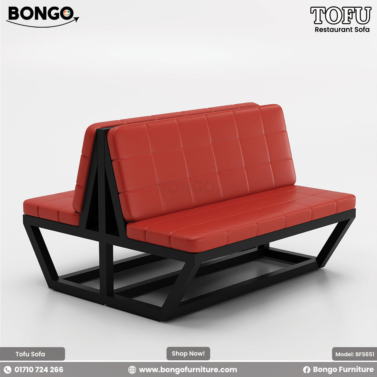 A promotional image of the 'TOFU Restaurant Sofa' from BONGO. The set includes two modern benches and a square table. The benches feature an angular black metal frame and bright red, quilted leather-style cushions. The central table has a dark wood-grain top and a black pedestal base.