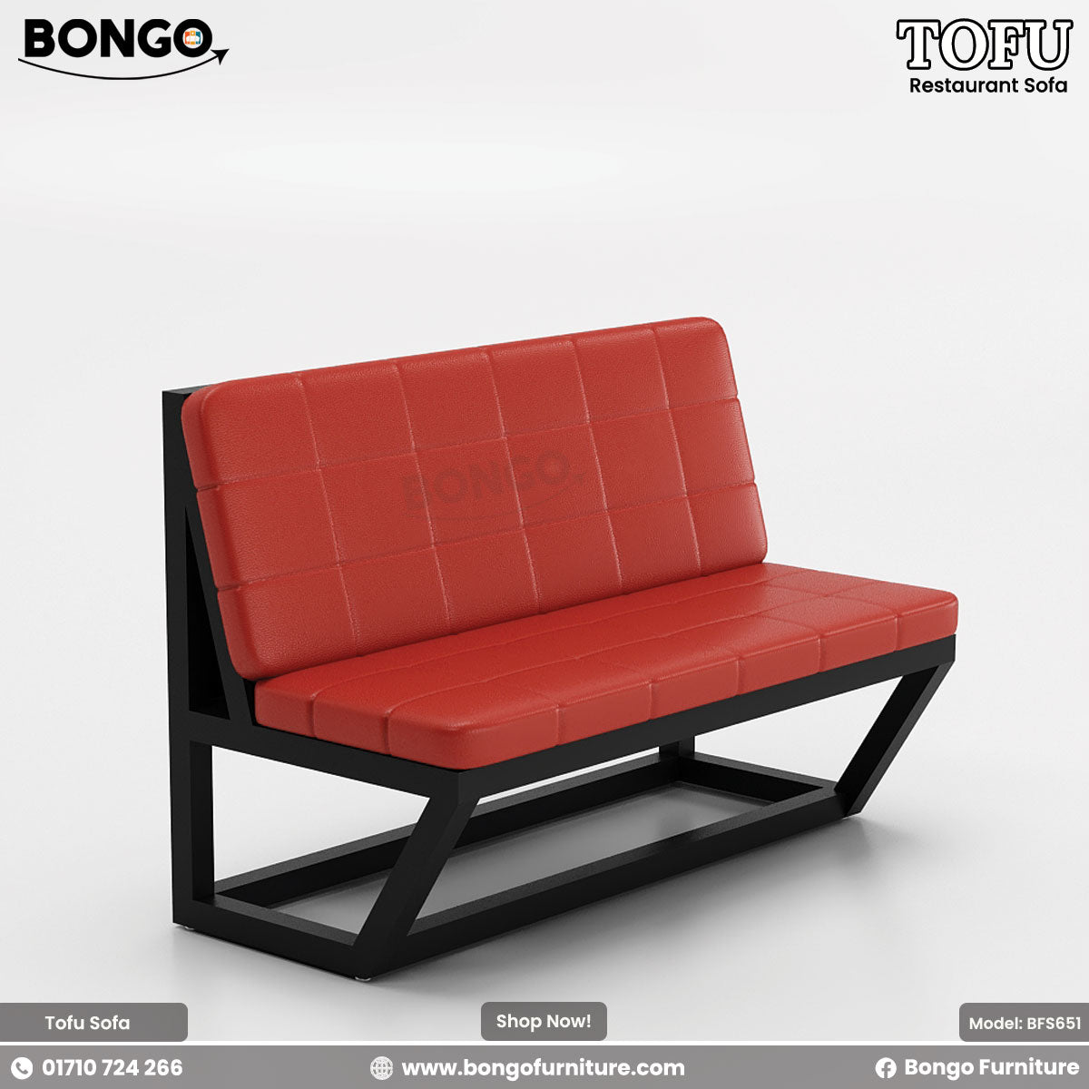 A promotional image of the 'TOFU Restaurant Sofa' from BONGO. The set includes two modern benches and a square table. The benches feature an angular black metal frame and bright red, quilted leather-style cushions. The central table has a dark wood-grain top and a black pedestal base.