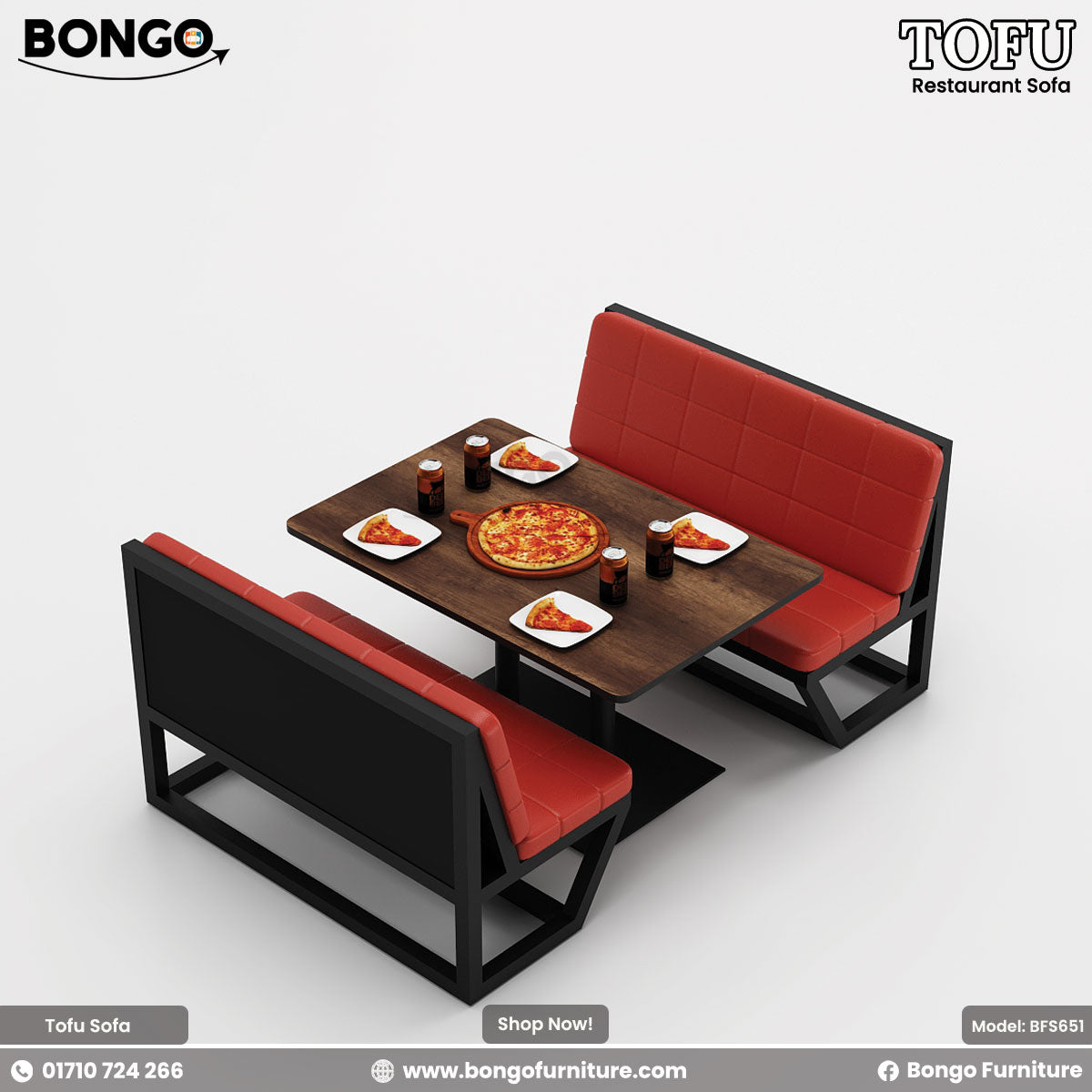 A promotional image of the 'TOFU Restaurant Sofa' from BONGO. The set includes two modern benches and a square table. The benches feature an angular black metal frame and bright red, quilted leather-style cushions. The central table has a dark wood-grain top and a black pedestal base.