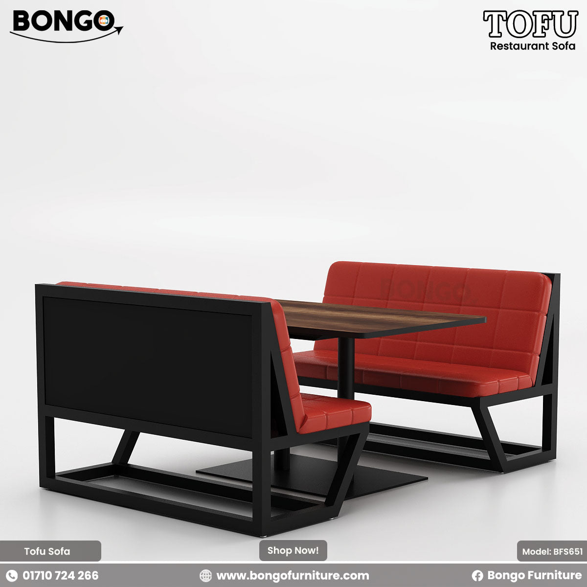 A promotional image of the 'TOFU Restaurant Sofa' from BONGO. The set includes two modern benches and a square table. The benches feature an angular black metal frame and bright red, quilted leather-style cushions. The central table has a dark wood-grain top and a black pedestal base.