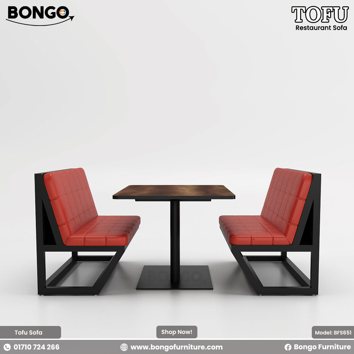 A promotional image of the 'TOFU Restaurant Sofa' from BONGO. The set includes two modern benches and a square table. The benches feature an angular black metal frame and bright red, quilted leather-style cushions. The central table has a dark wood-grain top and a black pedestal base.