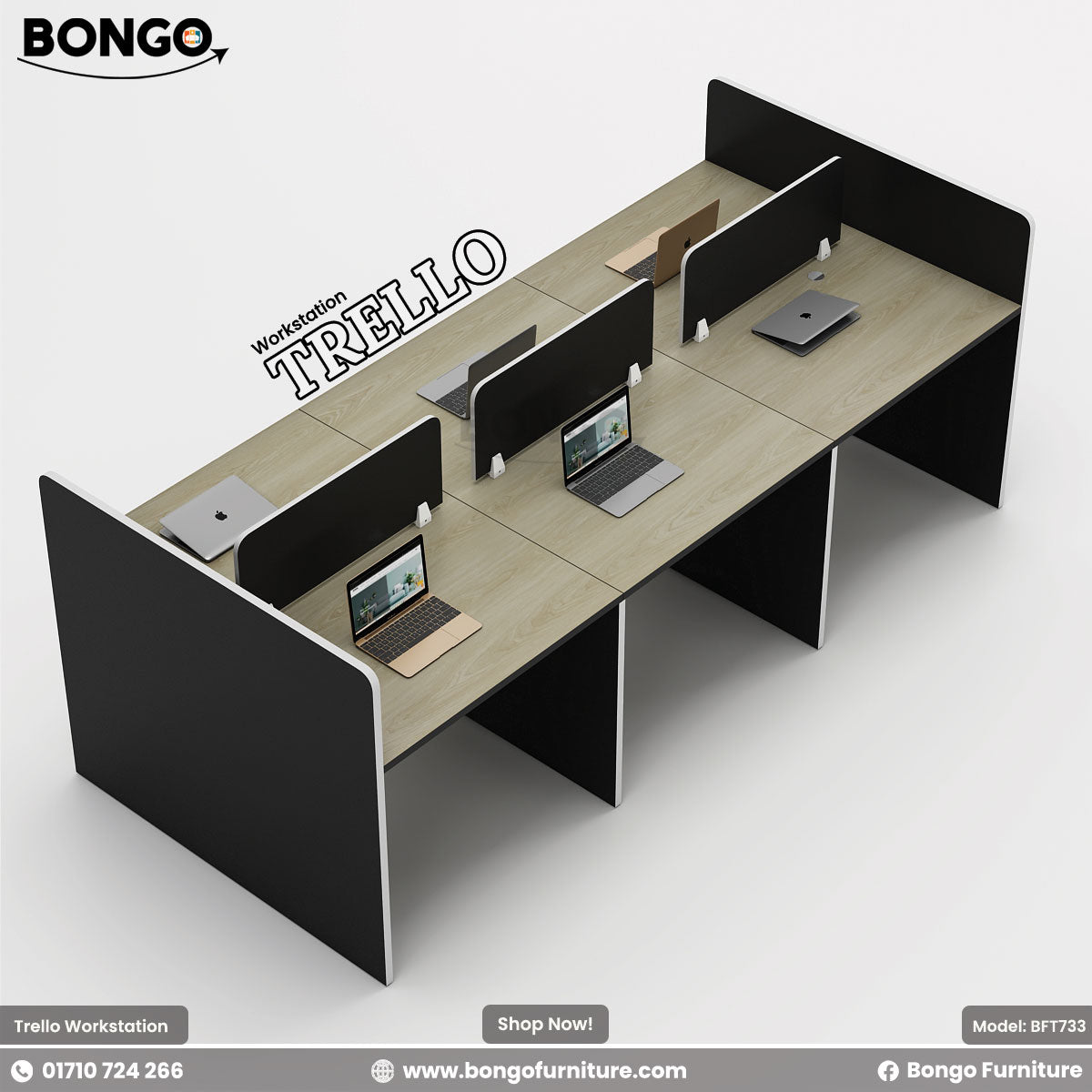 A professional workstation named 'Trello' by Bongo Furniture, featuring multiple desks arranged in a row with office equipment like laptops and phones on top, enclosed by black partitional walls.