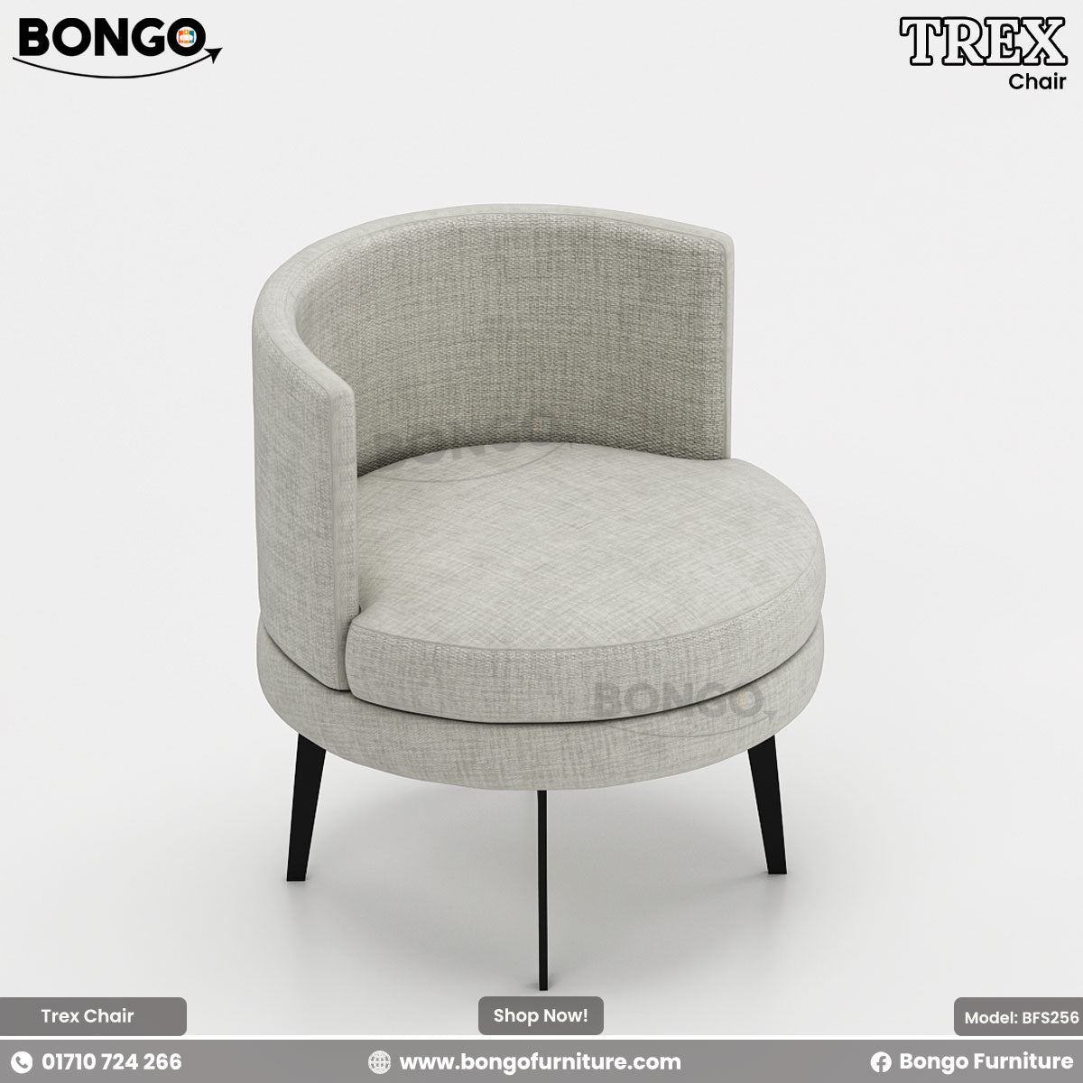 A promotional image of the 'TREX Chair' from BONGO. The modern armchair is upholstered in a light gray textured fabric and features a large cylindrical base with a round seat cushion. A distinct, curved backrest wraps around the chair, which is supported by four angled black legs.