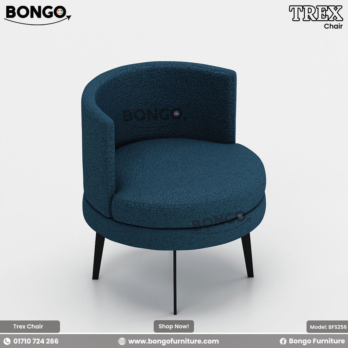 A blue upholstered Trex chair with a full backrest and seat, on four black metal legs, with the BONGO logo visible.