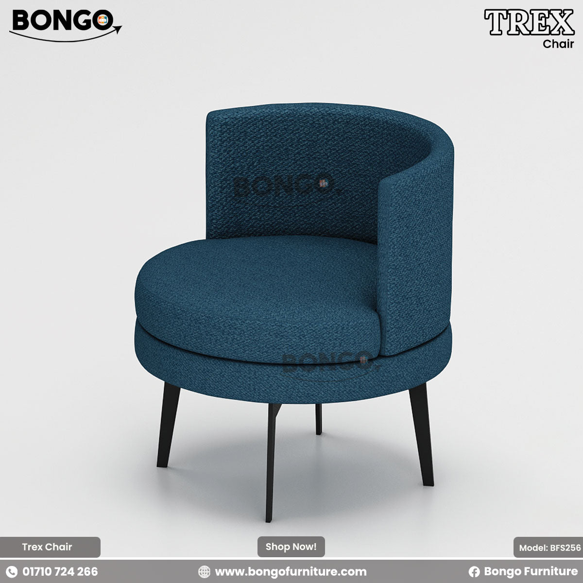 A Trex dining chair with plush cushioning and luxurious fabric upholstery, featuring heavy-duty mild steel legs with powder-coated heat paint.