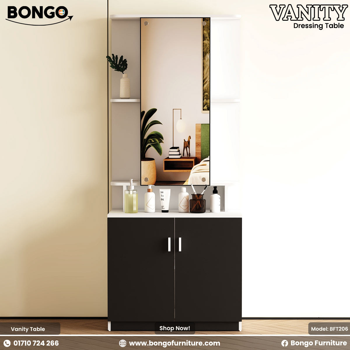 Vanity table with mirror and shelves on a white background, featuring Bongo Furniture branding.