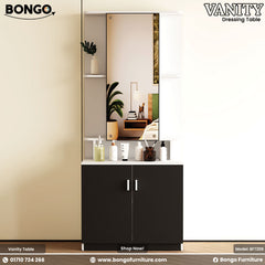 Vanity table with mirror and shelves on a white background, featuring Bongo Furniture branding. Vanity table with mirror and shelves on a white background, featuring Bongo Furniture branding.