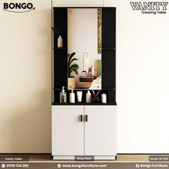 Vanity table with mirror and storage compartments on a plain background, featuring Bongo Furniture branding. Vanity table with mirror and storage compartments on a plain background, featuring Bongo Furniture branding.