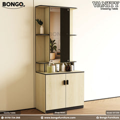 Vanity table with mirror and shelves on a white background, featuring Bongo Furniture branding. Vanity table with mirror and shelves on a white background, featuring Bongo Furniture branding.