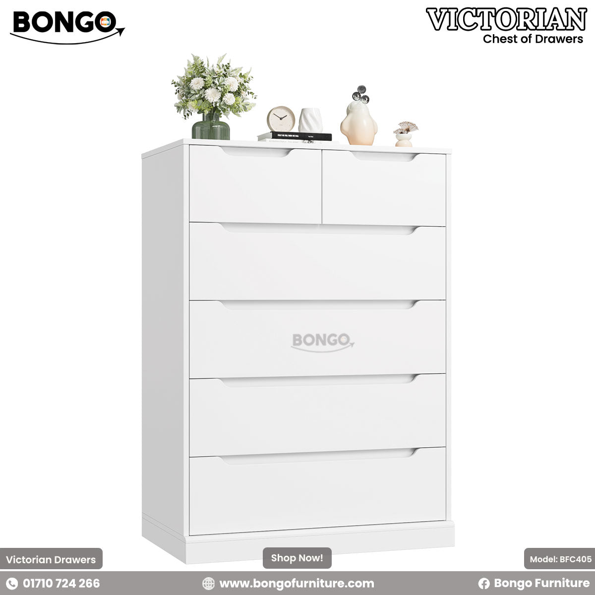 A promotional image of the "VICTORIAN Chest of Drawers." The tall, modern dresser is solid white and features six handleless drawers. The top row has two smaller drawers side-by-side, followed by four full-width drawers below. The top of the chest is decorated with a vase of white flowers, a small clock, and other decorative figurines. The "BONGO" brand logo is in the top-left corner.