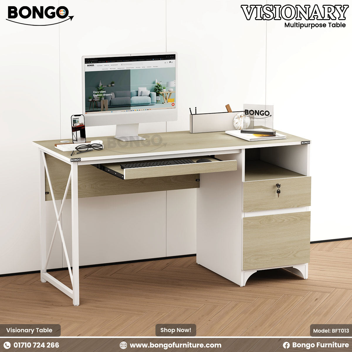 A Albino and White Visionary Multi Tasking Table with a computer monitor, keyboard, and a notebook on it, set against a white background.