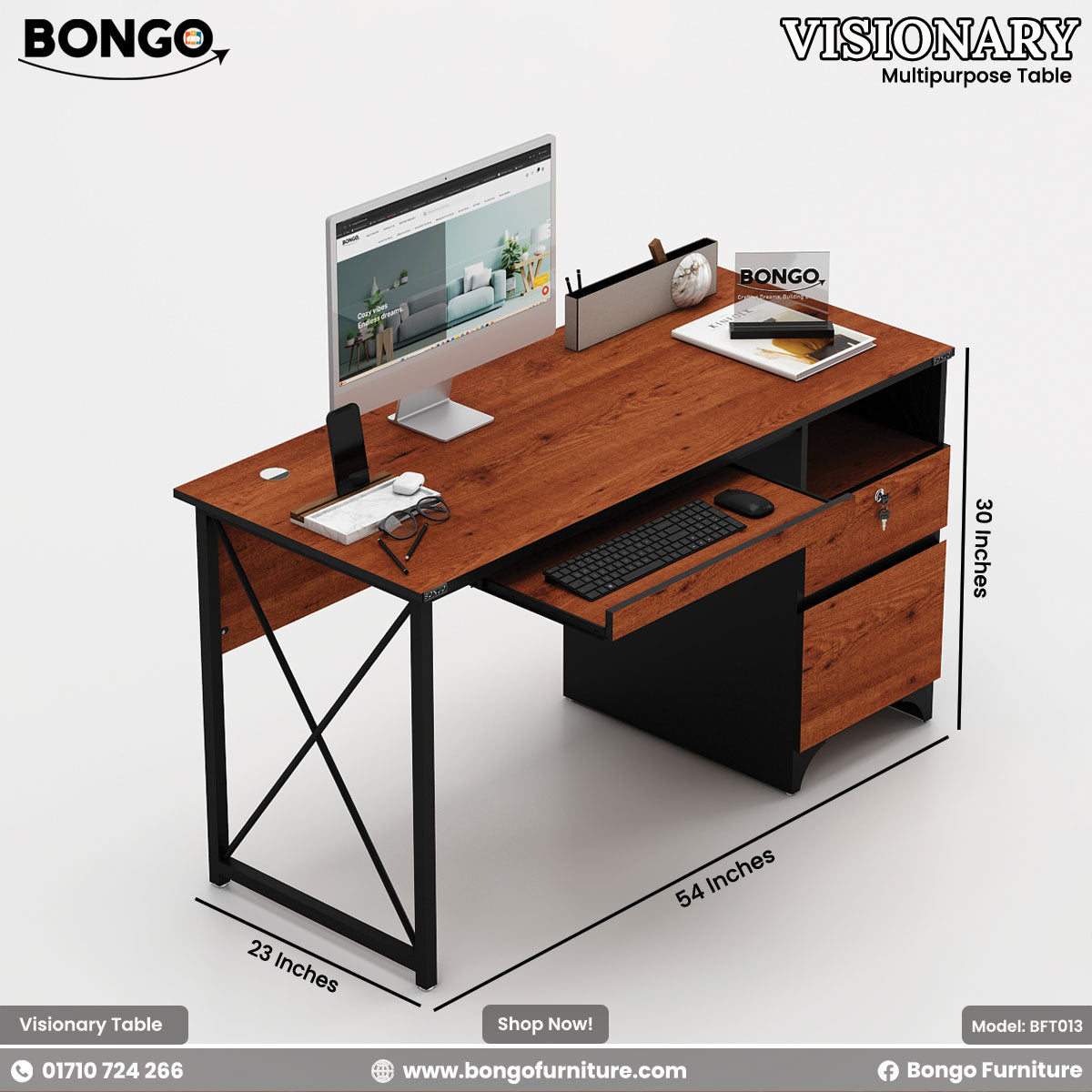 A promotional image of the 'VISIONARY Multipurpose Table' from BONGO. This industrial-style computer desk features a reddish-brown Water Resistant Strong Laminated Board top and a black metal frame with an X-brace. It includes a pull-out keyboard tray and an attached storage pedestal with an open cubby and two drawers. Dimension labels show the desk is 54 inches long, 30 inches high, and 23 inches deep.