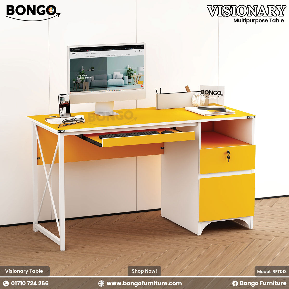 A Yellow and White Visionary Multi Tasking Table with a computer monitor, keyboard, and a notebook on it, set against a white background.