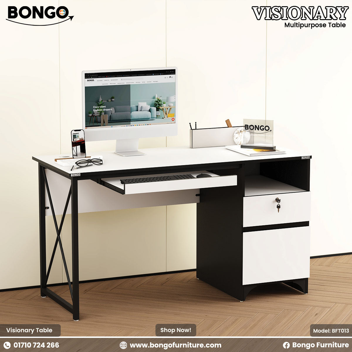 A White and black Visionary Multi Tasking Table with a computer monitor, keyboard, and a notebook on it, set against a white background.