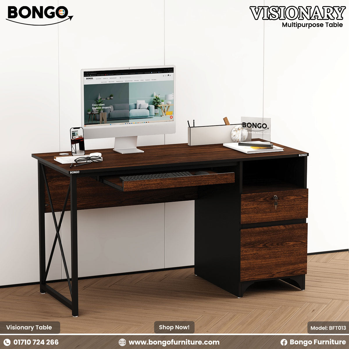 A Antique and Black Visionary Multi Tasking Table with a computer monitor, keyboard, and a notebook on it, set against a white background.