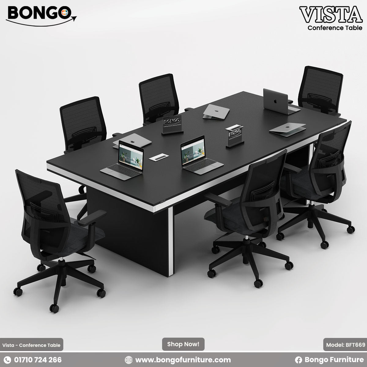 A conference table with a Water Resistant Strong Laminated Board brown tabletop and metal legs, labeled 'VISTA - Conference Table' with a laptop and notepad on top, against a white background.