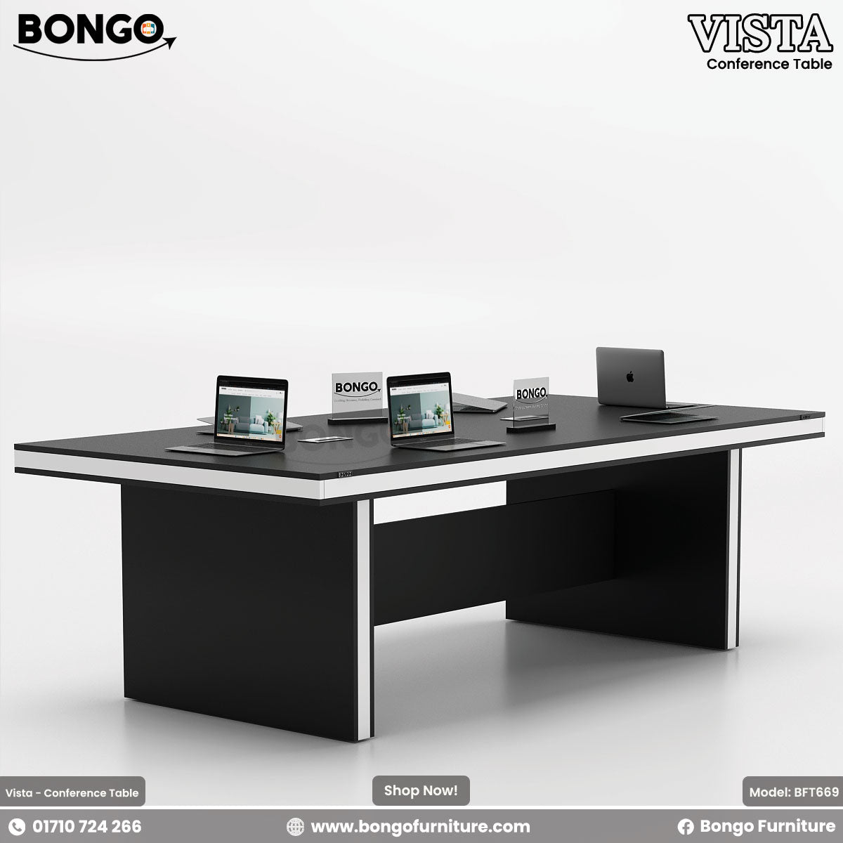 A conference table with a Water Resistant Strong Laminated Board brown tabletop and metal legs, labeled 'VISTA - Conference Table' with a laptop and notepad on top, against a white background.