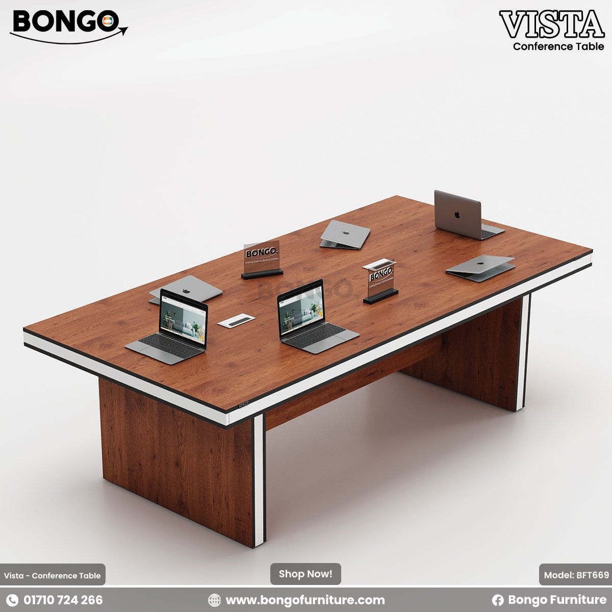 A conference table with a A conference table with a Water Resistant Strong Laminated Board brown tabletop and metal legs, labeled 'VISTA - Conference Table' with a laptop and notepad on top, against a white background brown tabletop and metal legs, labeled 'VISTA - Conference Table' with a laptop and notepad on top, against a white background.