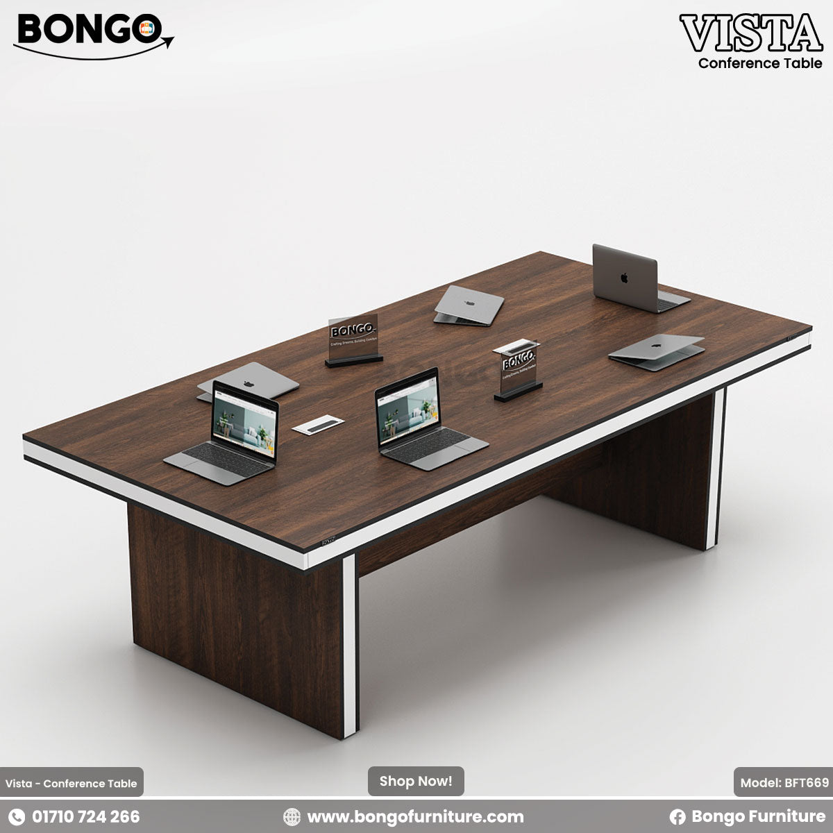 A conference table with a wooden brown tabletop and metal legs, labeled 'VISTA - Conference Table' with a laptop and notepad on top, against a white background.