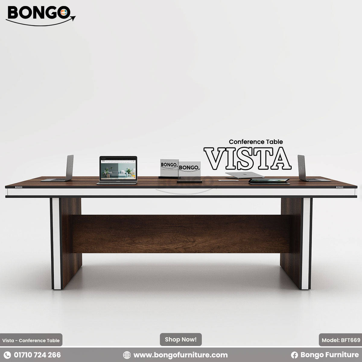 A conference table with a A conference table with a Water Resistant Strong Laminated Board brown tabletop and metal legs, labeled 'VISTA - Conference Table' with a laptop and notepad on top, against a white background brown tabletop and metal legs, labeled 'VISTA - Conference Table' with a laptop and notepad on top, against a white background.