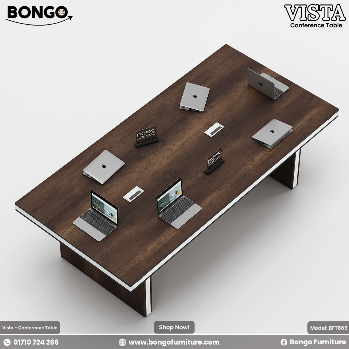 A conference table with a Water Resistant Strong Laminated Board brown tabletop and metal legs, labeled 'VISTA - Conference Table' with a laptop and notepad on top, against a white background.