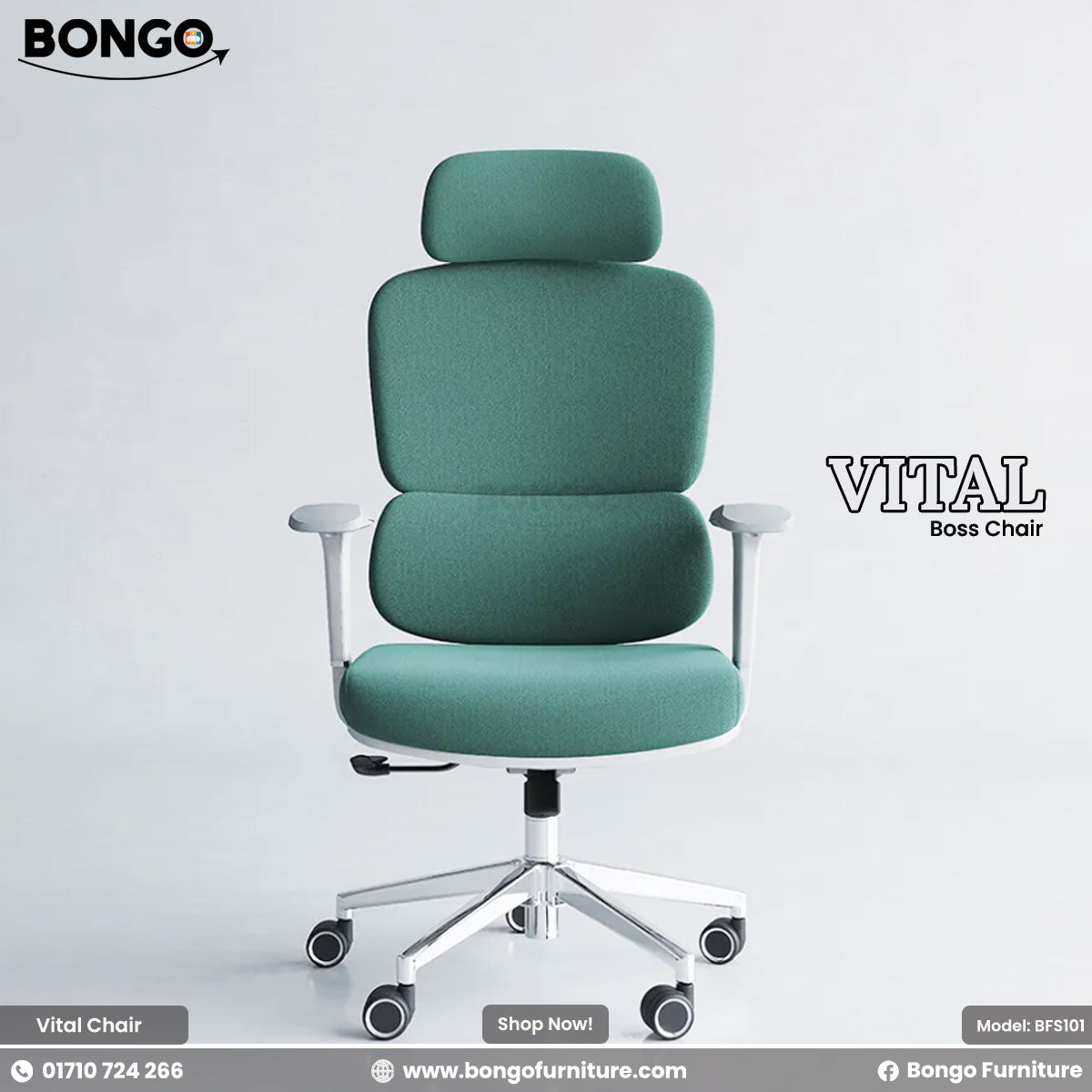 Green office chair with headrest on a white background, featuring the Bongo Furniture brand.