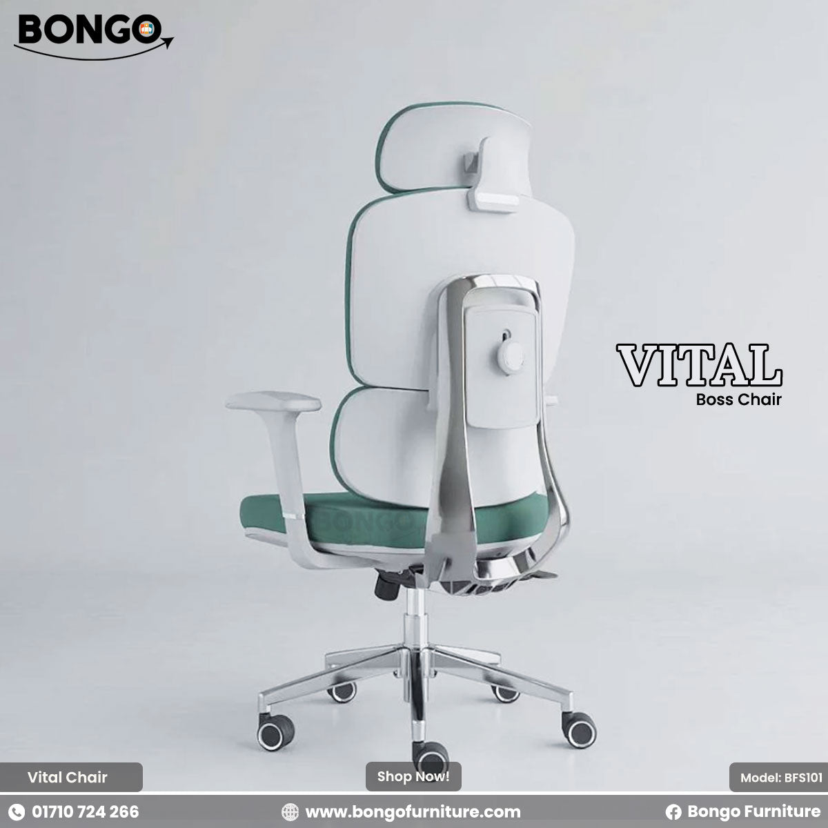 White office chair with green accents on a gray background, featuring the Bongo Furniture brand.