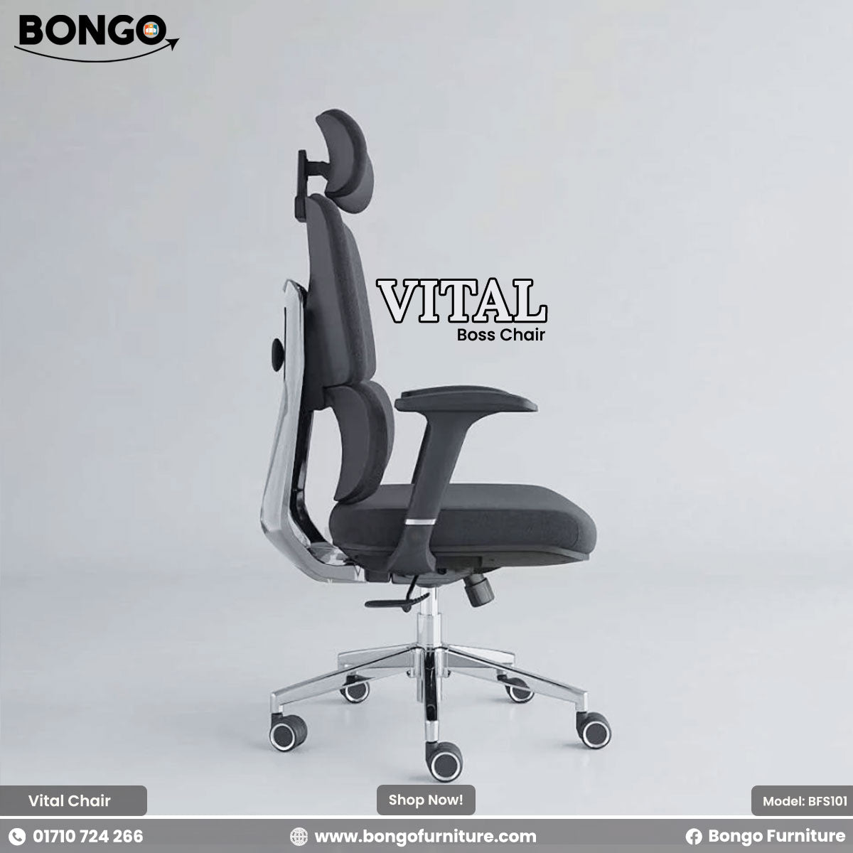 Black office chair labeled 'Vital' with Bongo Furniture branding on a light gray background.
