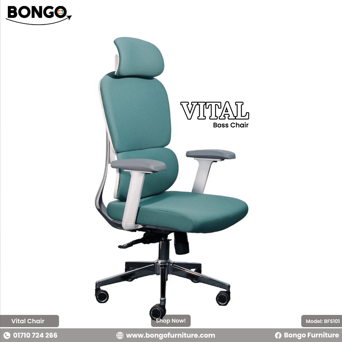 Teal office chair with adjustable headrest on a white background, featuring the Bongo Furniture brand.