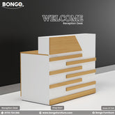 White reception desk with Beach accents on a gray background, featuring the Bongo Furniture logo.