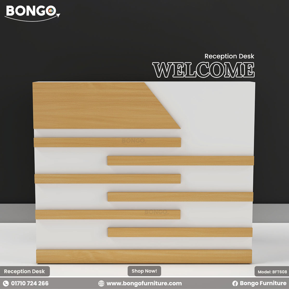 White reception desk with Beach accents on a gray background, featuring the Bongo Furniture logo.
