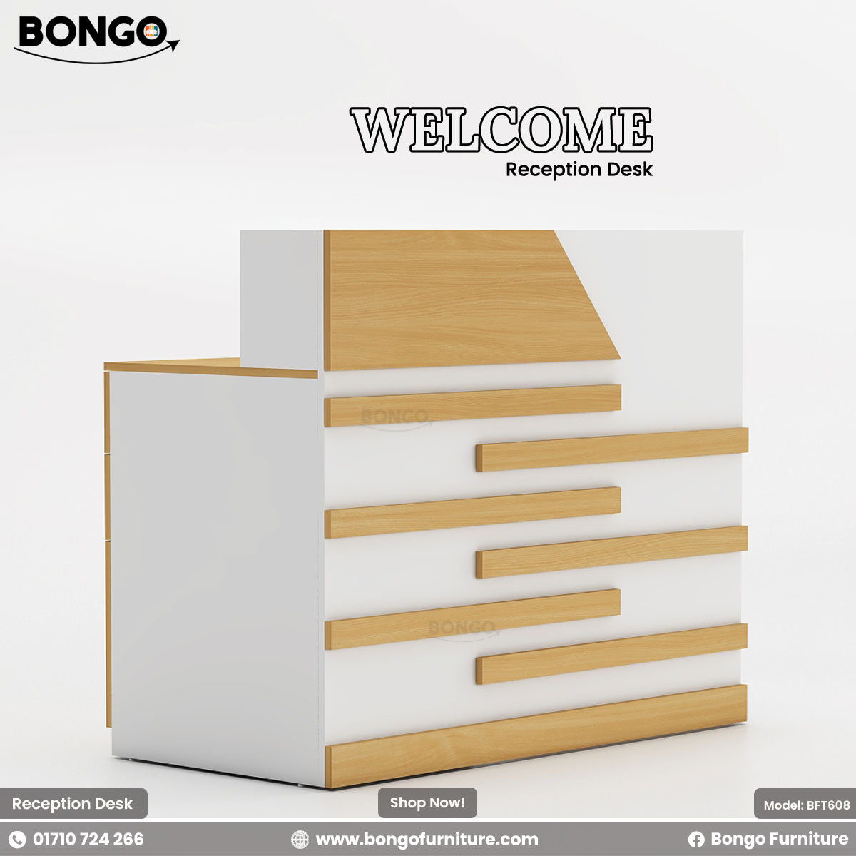 Reception desk with wooden top and white base, featuring Bongo Furniture branding.