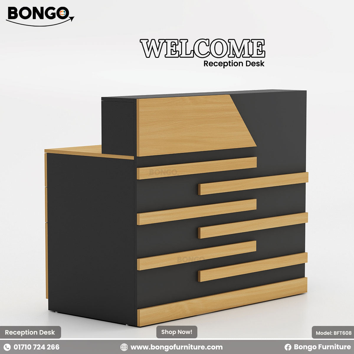 Black and Beach reception desk with Bongo Furniture branding on a white background